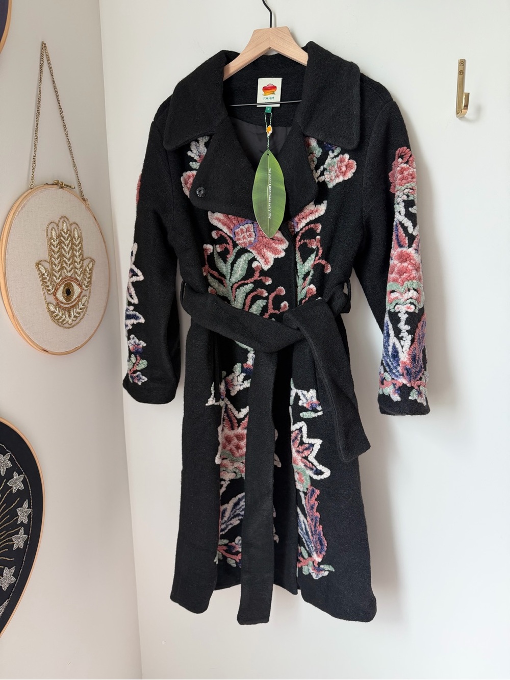 FARM Rio Black Floral marvelous garden Belted fleece Trench Coat